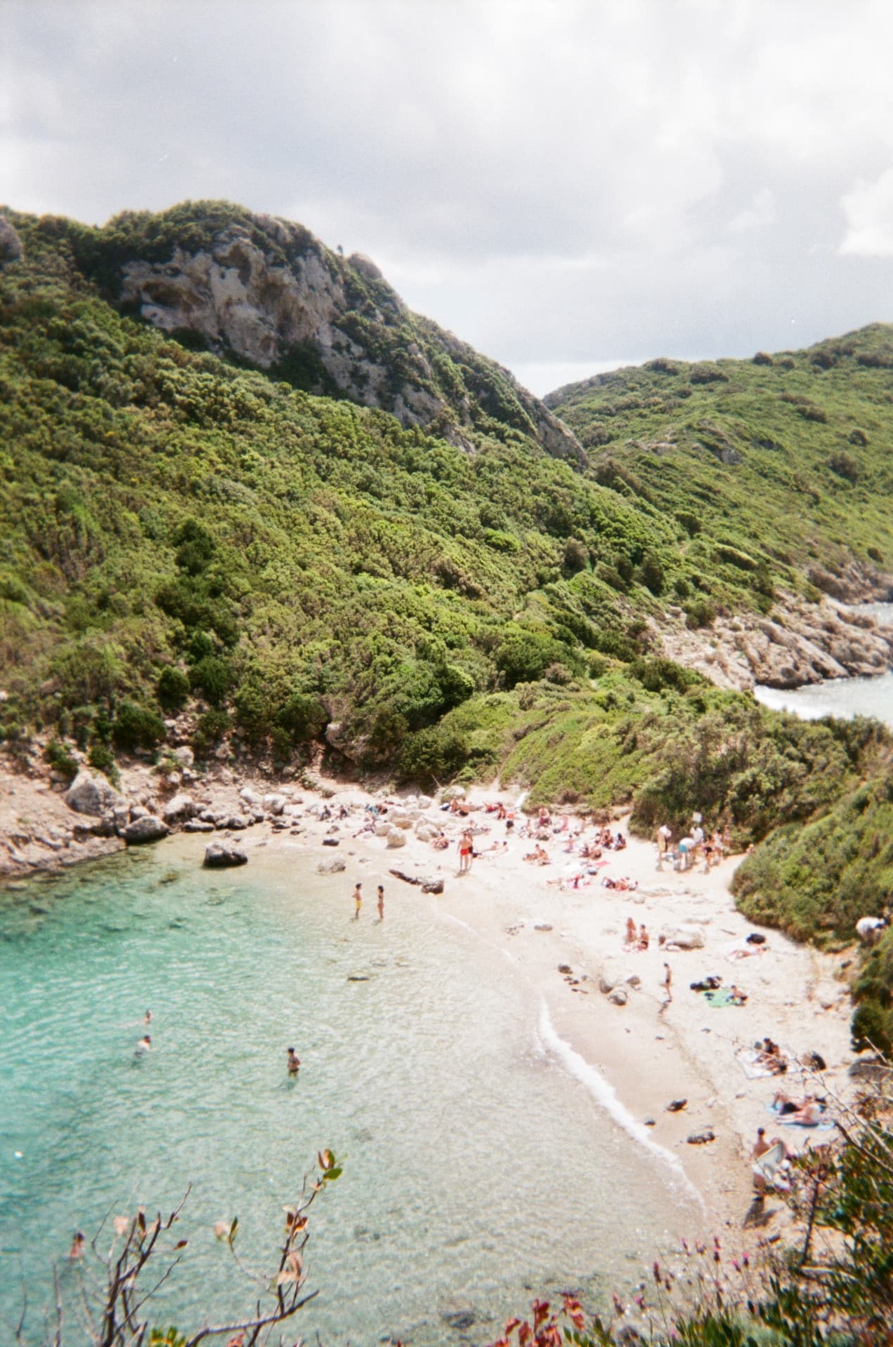 A green cliffside above a crowded white-sand beach and clear water